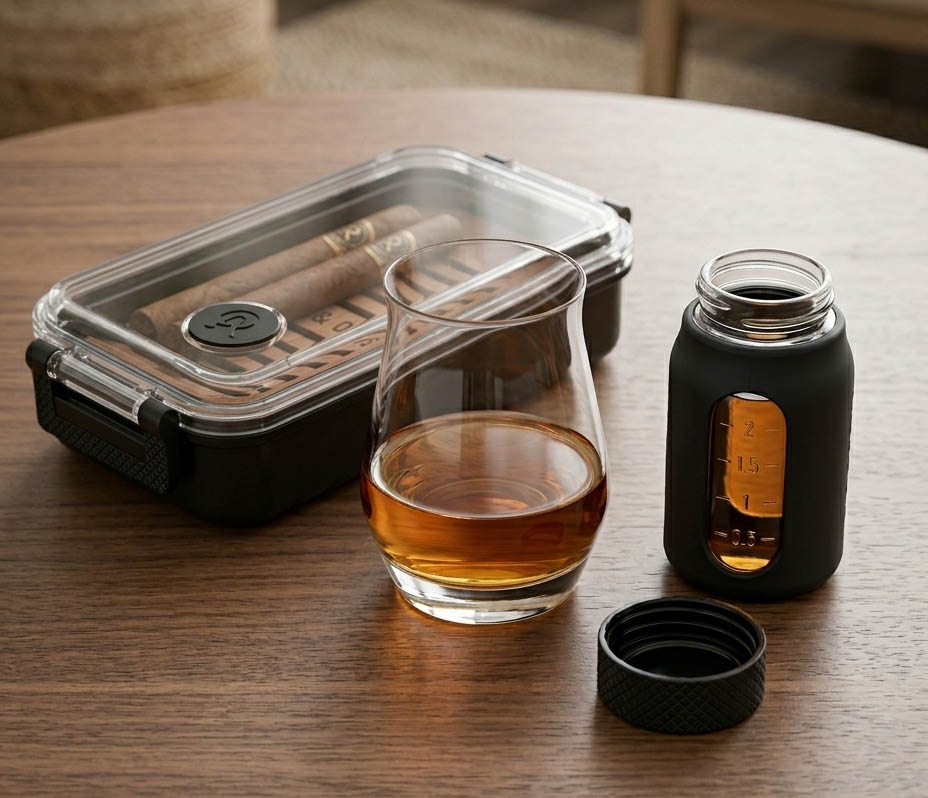 Aged and Ore premium whiskey accessories arranged on a dark wood surface