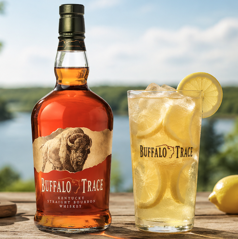 Buffalo Trace Bourbon Lemonade poured over ice with a lemon wheel garnish