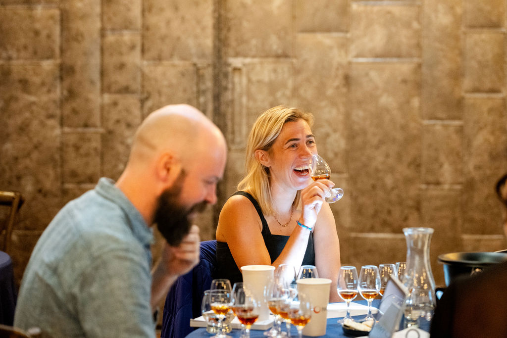 Tasting glasses lined up for blind judging at the IWSC Kentucky event