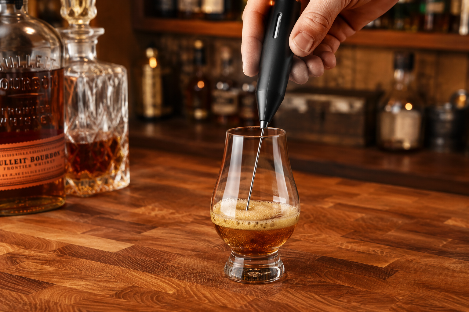 Milk frother wand aerating a glass of bourbon