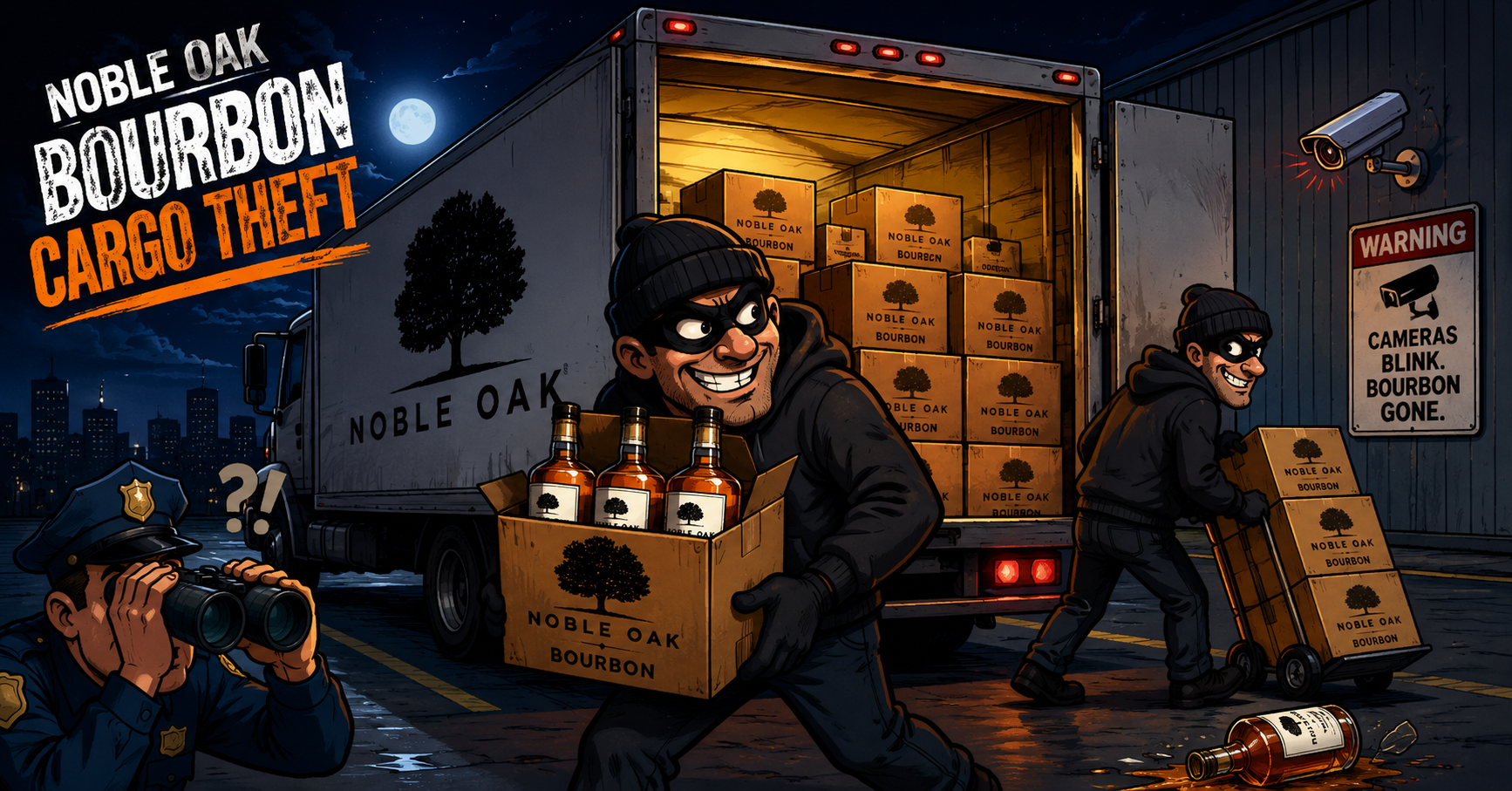 Noble Oak Bourbon bottles and cases inside a warehouse loading dock, representing the $500,000 Philadelphia cargo theft