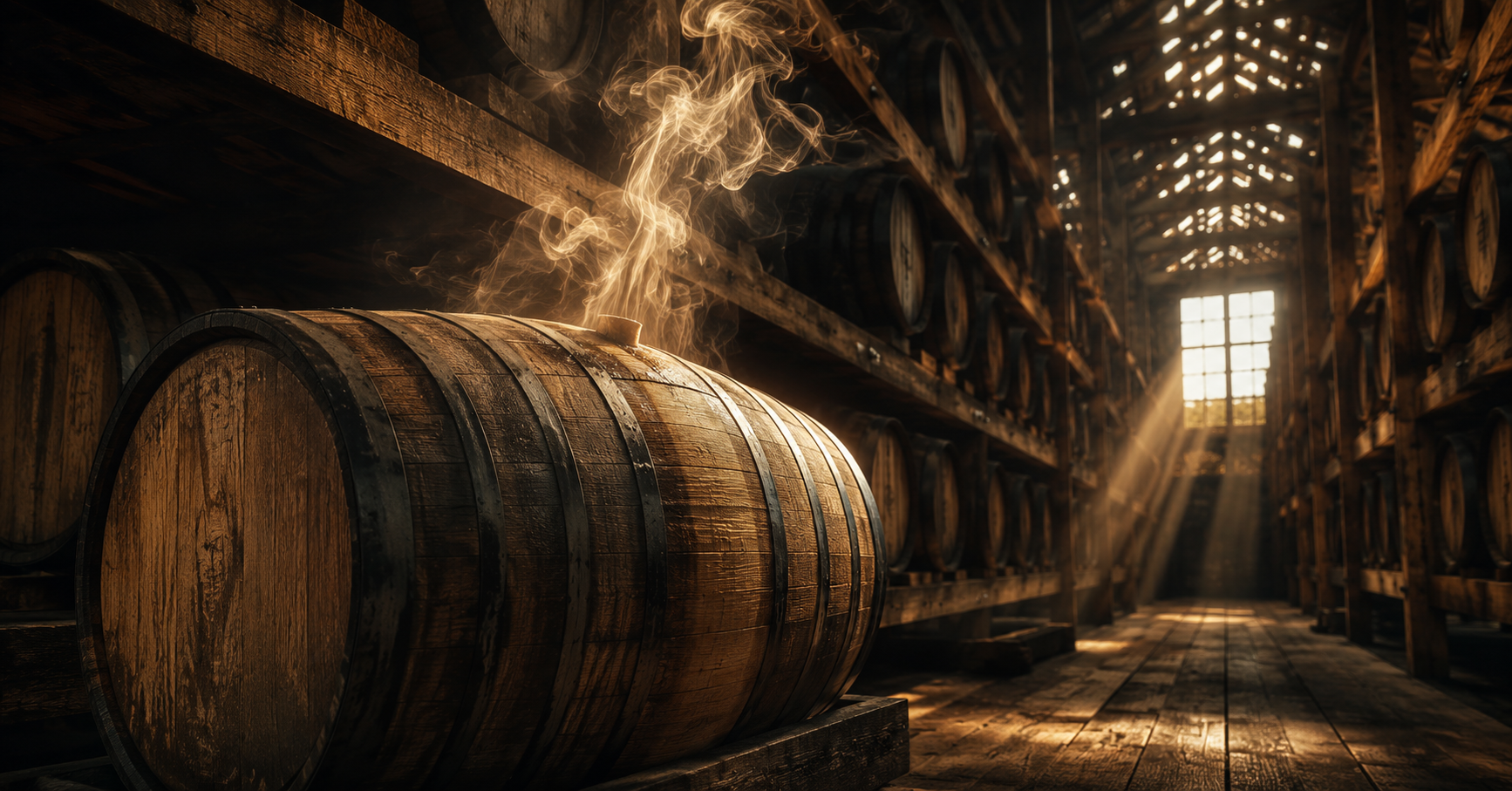 Rows of aging whiskey barrels in a rickhouse with vapor rising, representing the Angel's Share evaporation